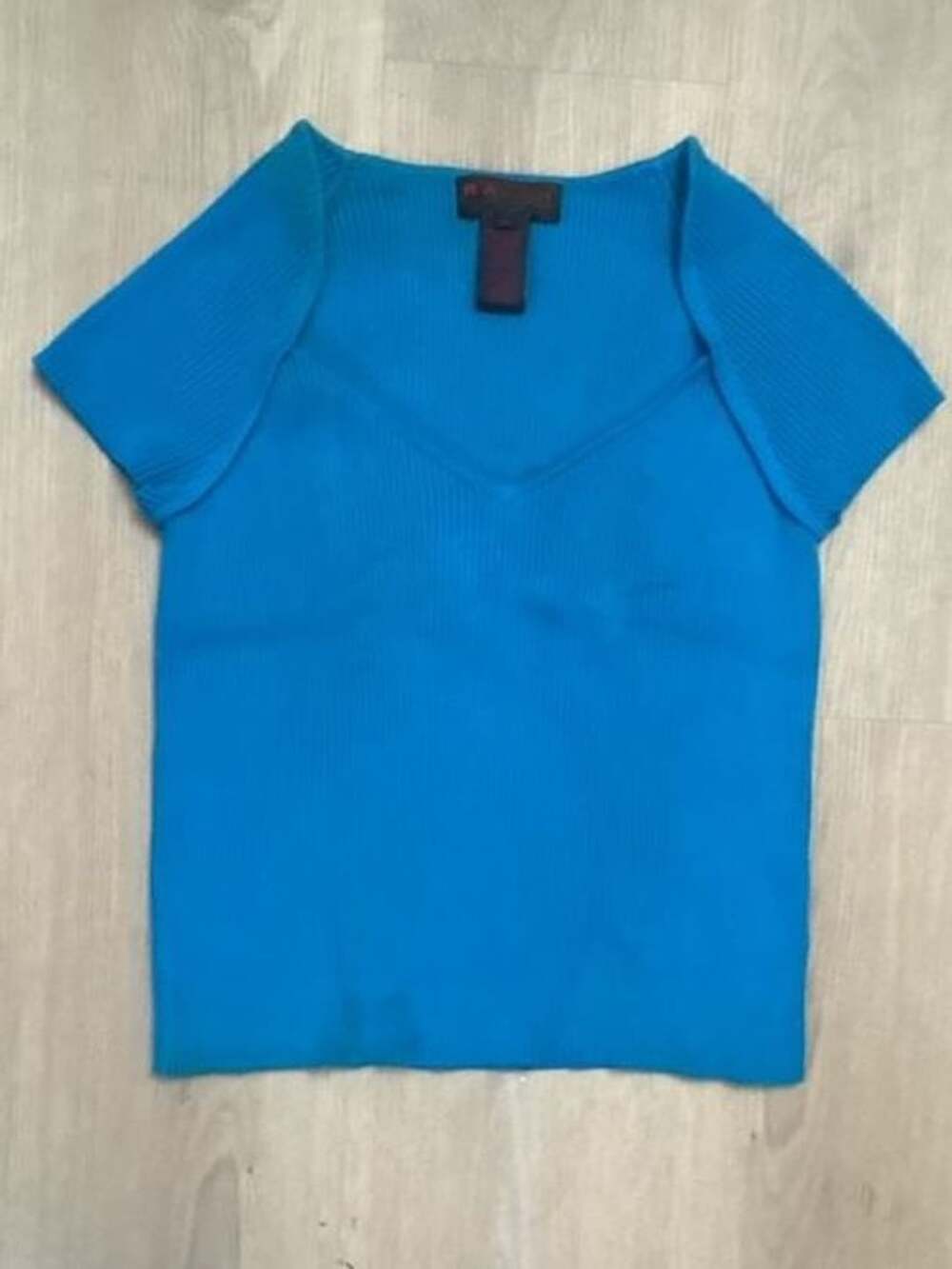 Ralph Lauren Ribbed Knit Short Sleeve Top Size L Blue Y2K